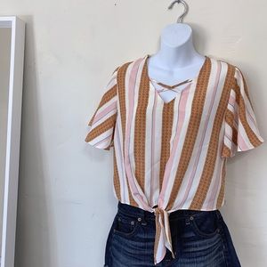 LOVE, FIRE Stripe Cross Front Tie Crop Blouse S